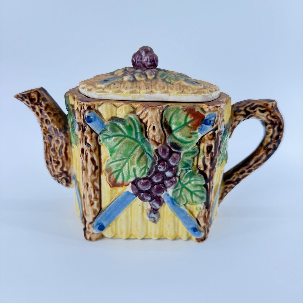 Vintage Majolica Grape Log Cabin Ceramic Teapot Made in Japan Rustic